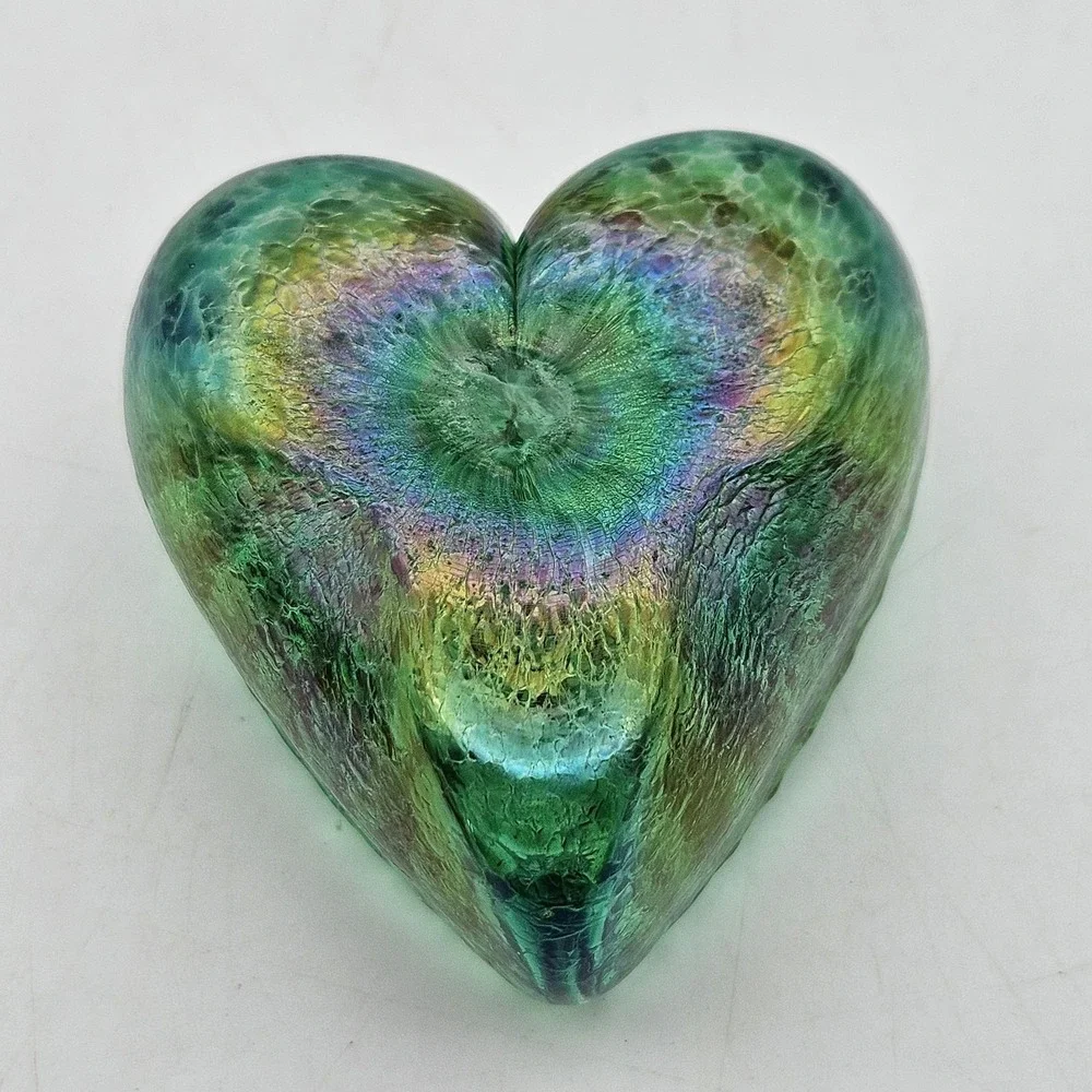 Robert Held Green Iridescent Art Glass Heart Paperweight 2.25